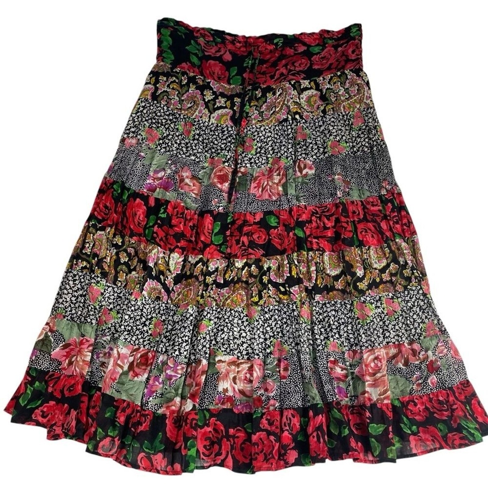 Floral Block Print Tiered Ruffle Cotton Midi Skirt Size Small Red Black India